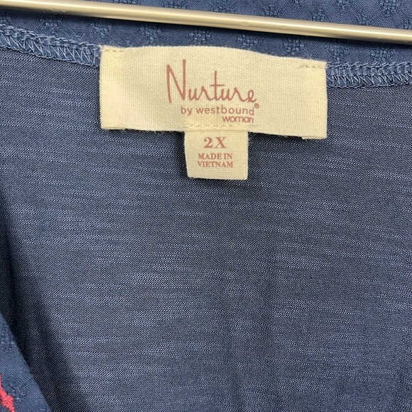 Nurture Womens Tunic/Top 2X Navy Red White Pullover Balloon Sleeve Embroidered - Picture 2 of 14